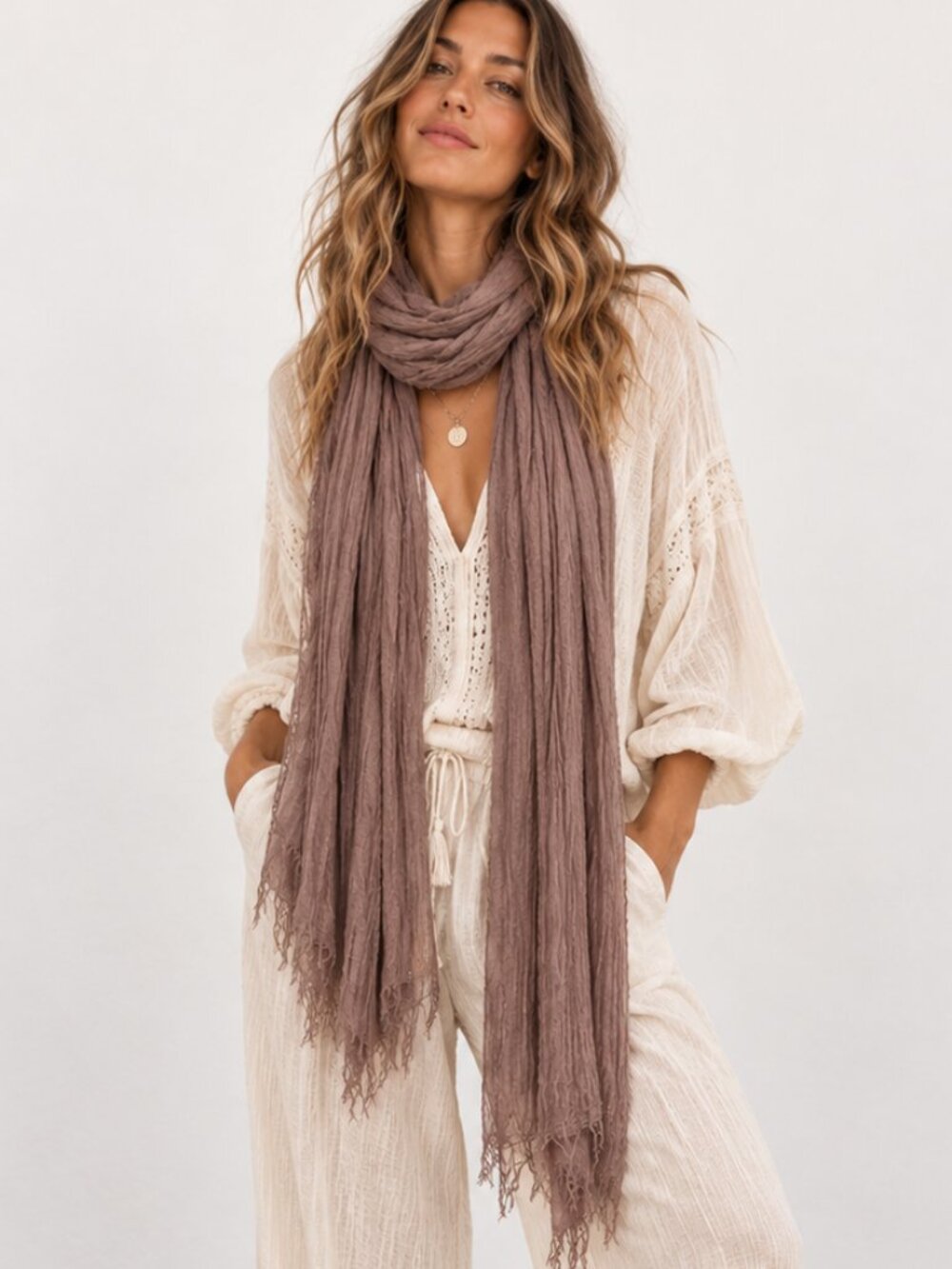 GAUZE Taupe Brown Cotton Crinkle Gauze Scarf Frayed Fringe Shabby Chic Boho EUC
